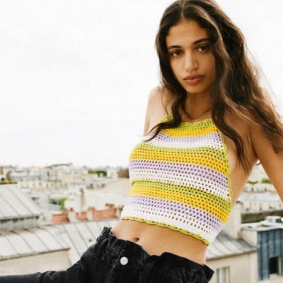 Zara Crochet Knit Halter Tie Back Crop Top in Multi Stripe | Small - Picture 2 of 8